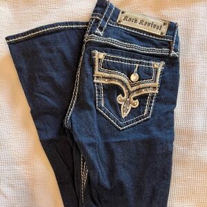 Rock Revival Dark Blue Bootcut Jeans with Embellished Back Pockets